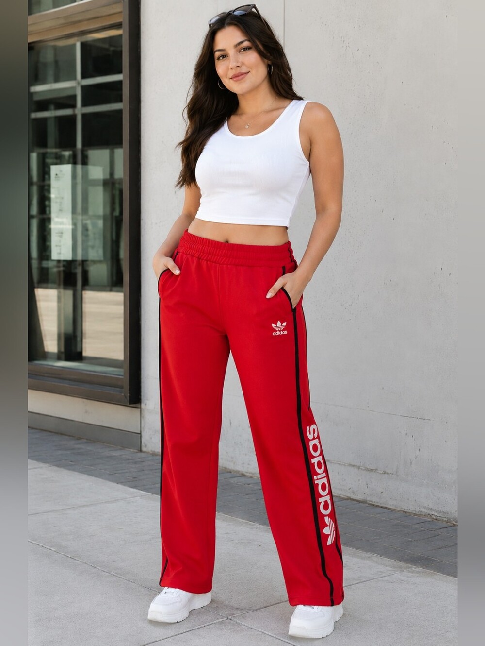 adidas Red Wide Leg Track Pants wiith Side Stripe and Logo Size Small